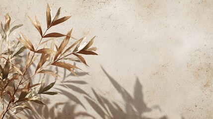 Subtle Shadows and Organic Forms: The gentle dance of sunlight casts delicate shadows from a branch of dry leaves against a textured surface.