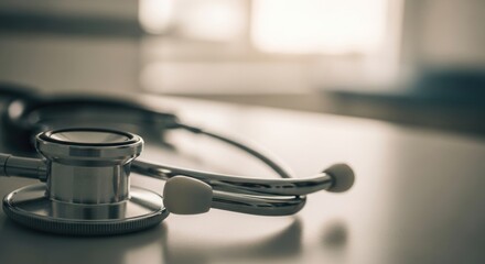 Close-up of a stethoscope on a medical desk, doctor's tool for diagnosis