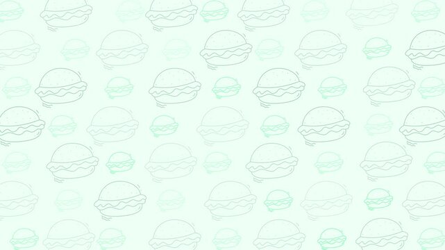 Food doodle pattern with handdrawn burger outlines in light green, perfect for creating whimsical foodthemed designs and backgrounds.