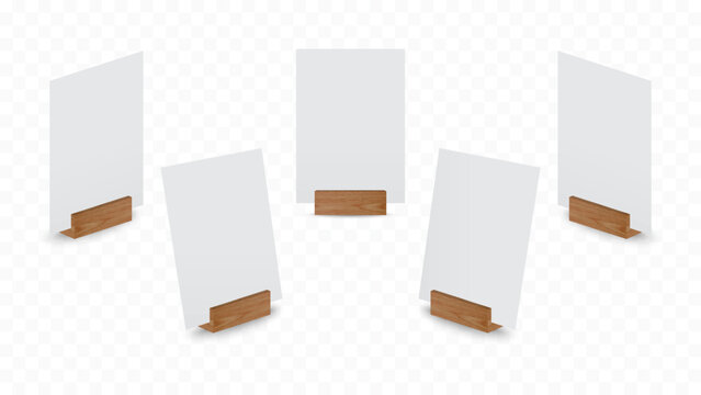 3D Realistic Blank Paper Card on Wooden Holder Stand, A4 and A5 Vertical Menu Mockup Set, Side View Display Template Vector Illustration
