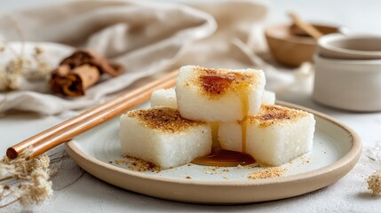 Sticky Rice Caketraditional Chinese glutinous rice cake coated with roasted soybean powder and drizzled with brown sugar syrup, soft chewy texture visible
