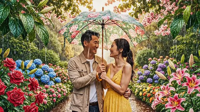 Loving couple embracing under an umbrella in a vibrant, rainy garden surrounded by colorful flowers.