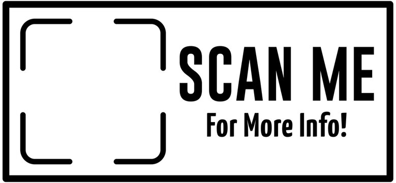 Scan me for more info, black frame. QR code, barcode, printable scan here, sticker template. Vector illustration transparent PNG background