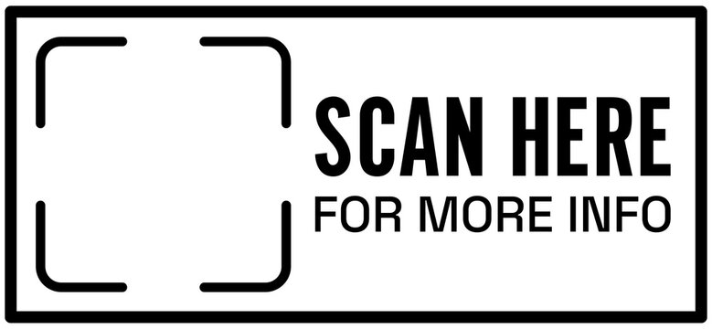Scan here for more info, black frame. QR code, barcode, printable scan here, sticker template. Vector illustration transparent PNG background