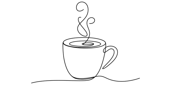 Minimalist one line drawing of a steaming cup of coffee or tea on a white background.