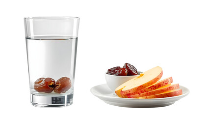 Refreshing Start: A clear glass of water hosts the subtle sweetness of a date or two, set against a side of sliced apple. A perfect start to a day.