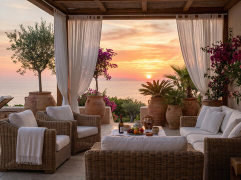 Luksusowy taras, meble z rattanu, białe lniane zasłony, ceramiczne donice w kolorze terakotowym