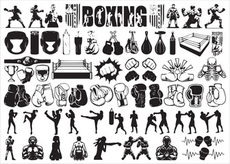 Obraz premium Boxing Equipment And Fighter Silhouette Icons Sets