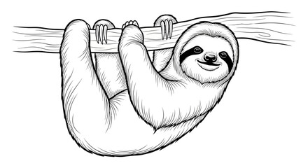 Cute sloth hanging upside down on a tree branch, illustration © A B I G A I L
