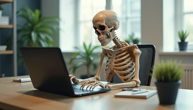 Skeleton sits at desk working on laptop. Overworked employee uses computer late at night. Represents burnout and death from too much work. Office life is tiring.