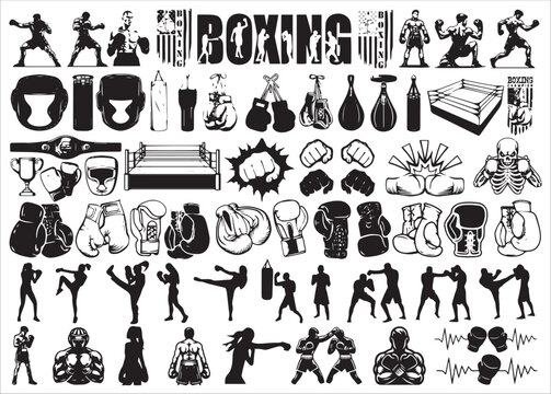 Boxing Equipment And Fighter Silhouette Icons Sets