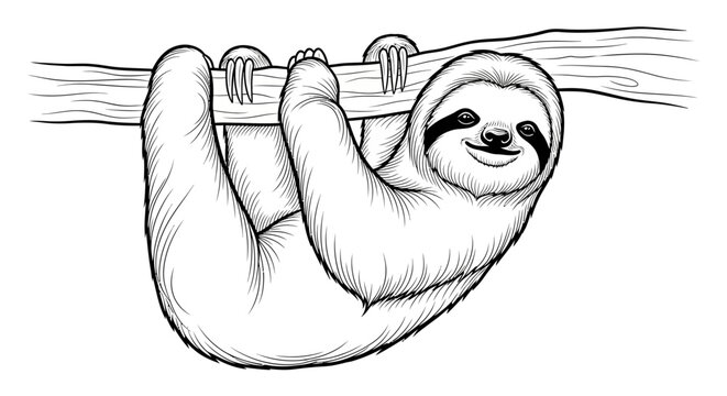 Cute sloth hanging upside down on a tree branch, illustration