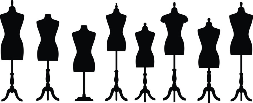 Eight dress form silhouette illustrations, black mannequin designs in varied torso shapes and stand styles for fashion tailoring.