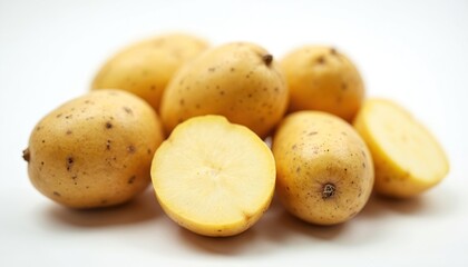 Yellow potatoes whole and halved on white surface. Fresh root vegetable for cooking. Ingredients for farm fresh meals. Natural food texture detail. Healthy carbs from ground.