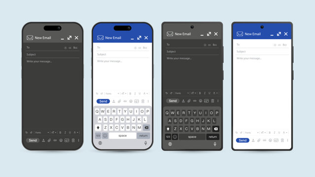 Mobile Email App Compose Screen Mockup Set on Smartphones, Light and Dark Mode UI Design, Email Messaging Interface Template Vector Illustration