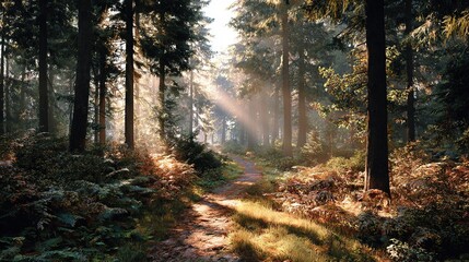 Fototapeta premium Forest Pathway: Sunlit rays pierce through a tranquil forest, illuminating a winding path that invites exploration. A serene scene showcasing the beauty and mystery of nature.