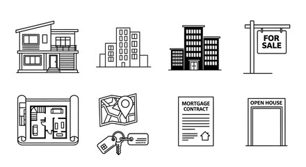 Real estate icons for buying and selling property.