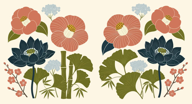 Japanese floral pattern with camellias, lotus, ginkgo, and bamboo