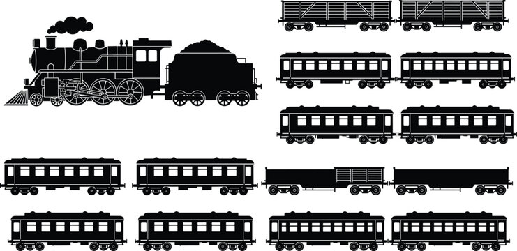 Steam locomotive with coal tender, freight cars, and passenger train silhouettes, black illustration of diverse railway components.