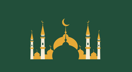Islamic Mosque Illustration with Minarets and Crescent.