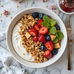 아침 식사로 요거트와 그래놀라를 곁들인 건강한 과일 그릇