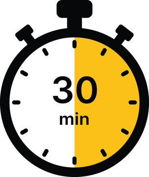 Black and yellow stopwatch showing thirty minutes elapsed time timer 30 min