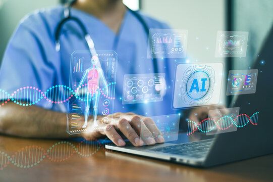 A healthcare professional analyzes data on a laptop, showcasing the integration of AI and medical technology in modern healthcare.