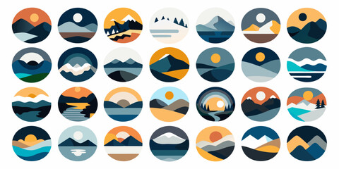 Fototapeta premium Collection of minimalist circular landscape illustrations with mountains sun and water