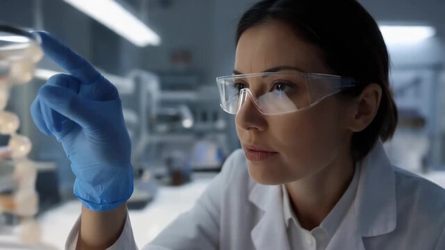 Scientist works with DNA model in a laboratory to study genetic sequences and conduct research late at night in a modern science facility