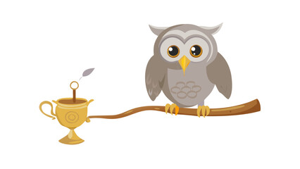 Obraz premium A wise grey owl sitting on a branch, using one wing to pour Arabic coffee from a gold Dallah into a tiny cup.