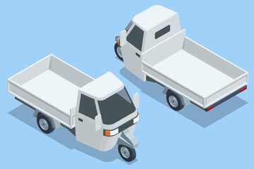 Isometric small flatbed truck in two angles. Light commercial cargo vehicle for transport and delivery. Isometric logistics and transportation illustration. Three-wheeled small truck.