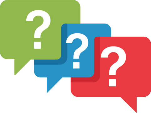 Three overlapping speech bubbles with white question marks in green blue and red communication