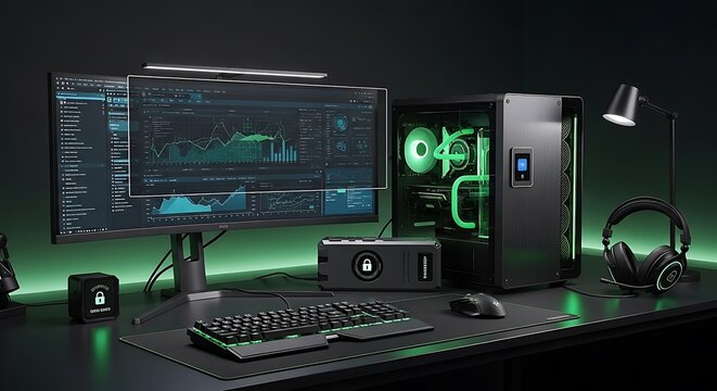Modern Gaming Computer Setup with Neon Lights