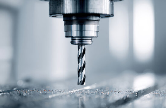 Close-up of a CNC milling machine&rsquo;s rotating end mill hovering above a metal surface covered in fine shavings. The scene emphasizes precision machining, advanced manufacturing, and modern industrial t