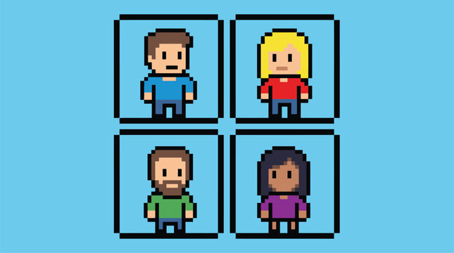 Pixel art illustration of four diverse people in squares.