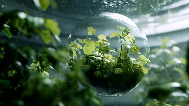 Miniature Green Plants Inside Glass Sphere.
