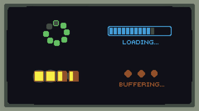 Retro video game loading screen with buffering and loading indicators.