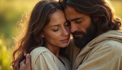 Jesus embraces grieving woman with love, compassion. His gentle touch offers solace, reassurance during time of deep sadness. This tender moment shows profound spiritual connection, emotional support.