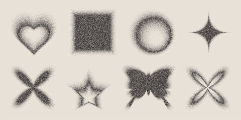 Grainy gradient shapes, flower and butterfly, circle and heart in Y2K retro style, vector illustration set. Noisy halftone patterns, pixelated dots, and abstract floral and geometric icons
