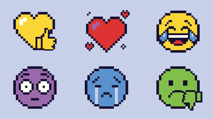 Fototapeta premium Collection of various emoticon faces in pixel art style.