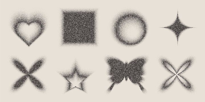 Grainy gradient shapes, flower and butterfly, circle and heart in Y2K retro style, vector illustration set. Noisy halftone patterns, pixelated dots, and abstract floral and geometric icons