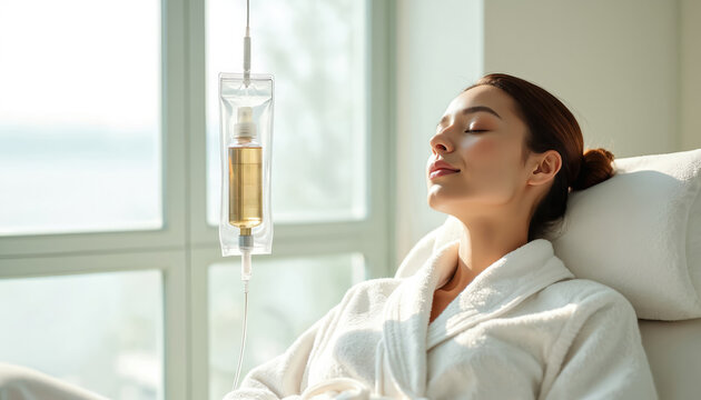 Woman receives intravenous drip therapy for beauty enhancement. She relaxes in a white robe at a serene clinic. The liquid is a cosmetic serum for skin rejuvenation and wellness.