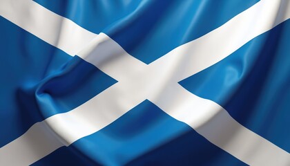 Scottish flag waves gently in wind. Blue fabric with white saltire cross symbol. Close up texture shows national pride and patriotic spirit.