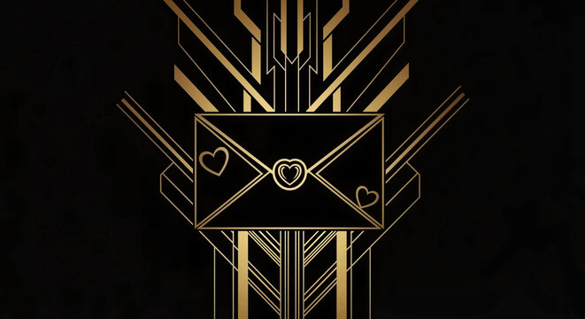 Elegant black and gold envelope design with heart motifs, Art deco style    