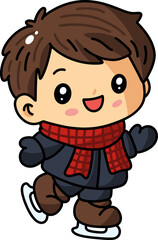 Cute Boy Ice Skating with Red Scarf