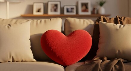 Red heart pillow on cozy beige sofa with warm home decor and framed photos