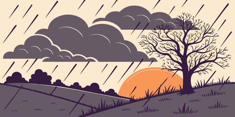 A vibrant orange tent stands alone in a vast, windswept landscape under a stormy sky. © jaman