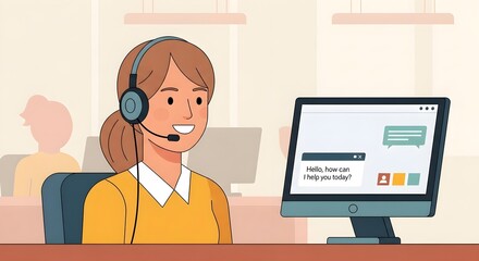 Friendly Young Woman Customer Support Agent with Headset at Computer
