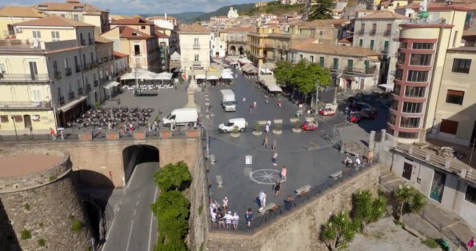 Aerial view of the main square of Pizzo Calabro, Calabria, Italy. This street is located in the historic center of the Calabrian town overlooking the Tyrrhenian Sea. Typical mediterranean architecture