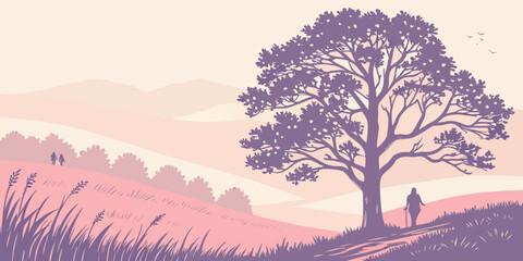 A majestic tree stands tall on a hill during a beautiful sunset © jaman